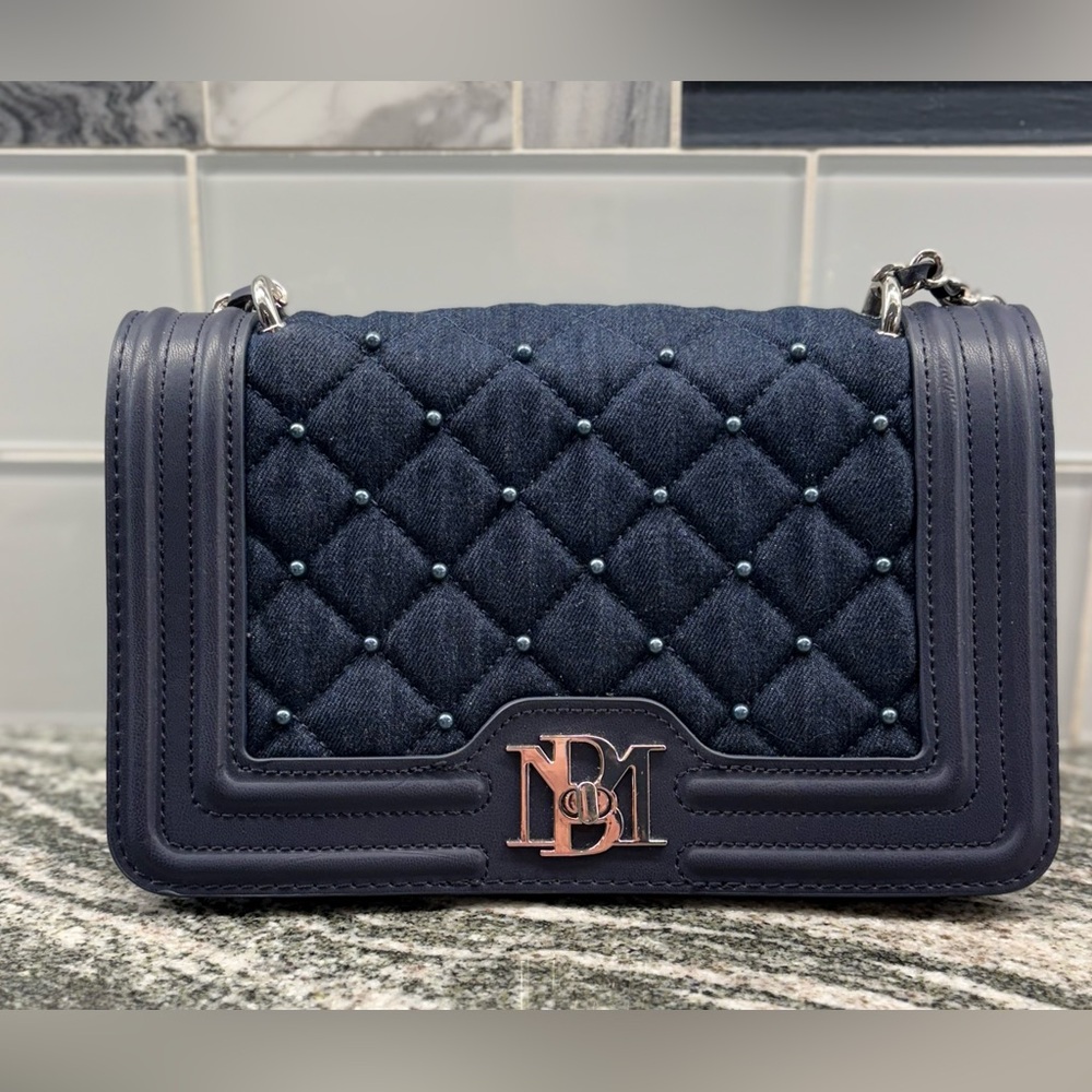 Badgley Mischka Crossbody Bag/ Vegan Blue Leather / Denim/ Pearls